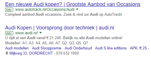 Google AdWords tekstadvertentie resultaat