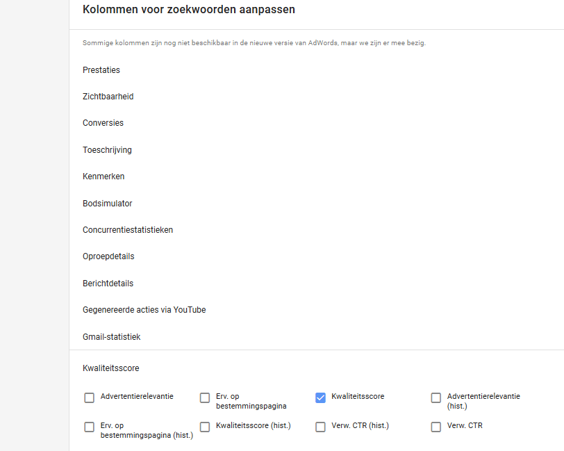 Wat is Google AdWords - kwaliteitsscore aanvinken