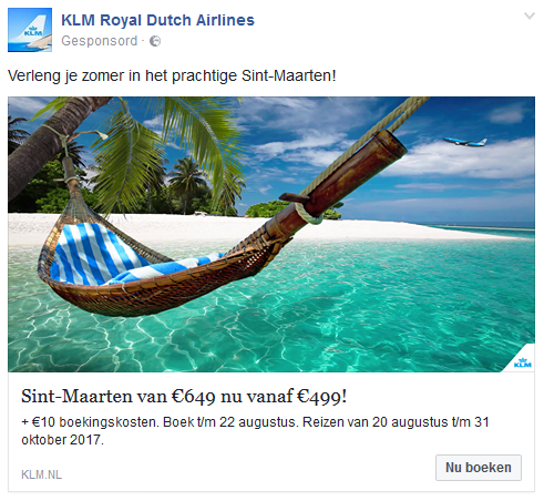 Actie-advertentie van KLM op Facebook